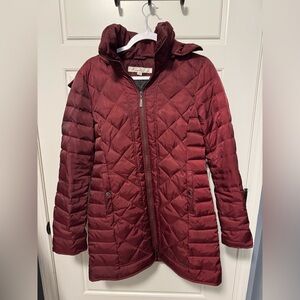 Kenneth Cole Maroon Red Duck Down Puffer Jacket Coat Removable Faux Fur Hood